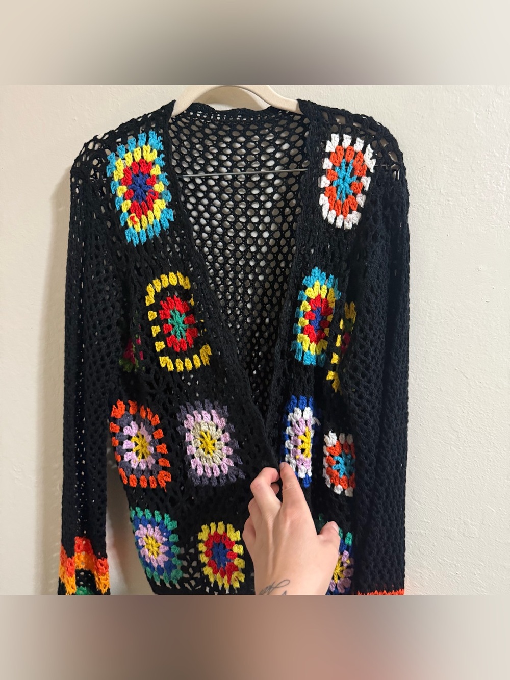 Open Crochet Black Cardigan Multicolor Knit Boho Festival Granny Square - Picture 6 of 7